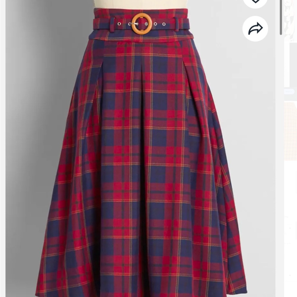 NWT Plaid A-Line Skirt with Belt - Red and Blue